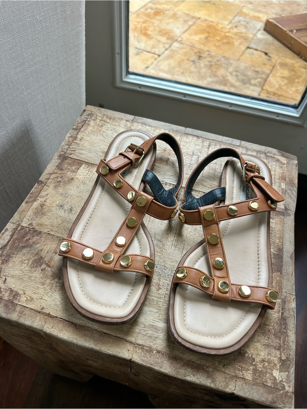 Balenciaga Brown Leather Studded T-Strap Sandals with Gold Accents